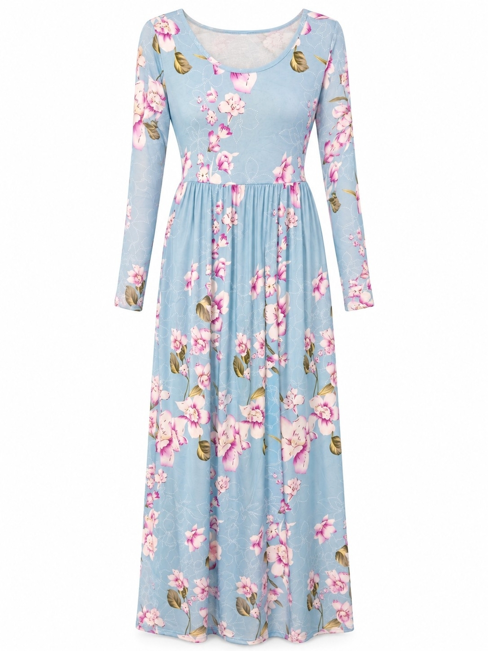 Light Blue Floral Scoop Neck Maxi Dress